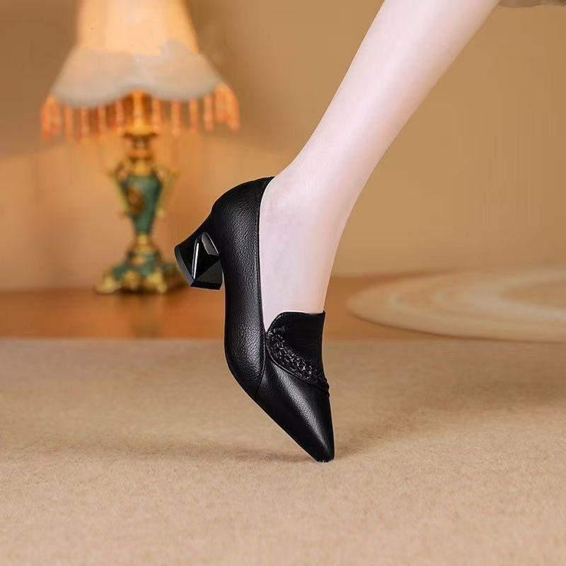 French Spring and Autumn Single Shoes Temperament Leather Shoes Pointed High Heels Really Soft Leather Comfortable Women's Leather Shoes