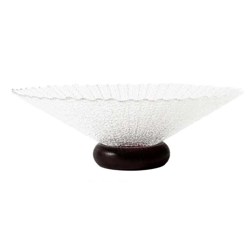 French Style Transparent Glass Fruit Plate Wooden Base Large Fruit Serving Tray Minimalist Dry Fruit Placed Tray Salad Serving