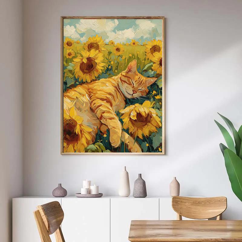 Oranje Kat Liggend Zonnebloem Poster Schattige Katten Koffie Drinken Canvas Schilderij Wandkunst Afbeelding voor Woonkamer Huis Muurschildering
