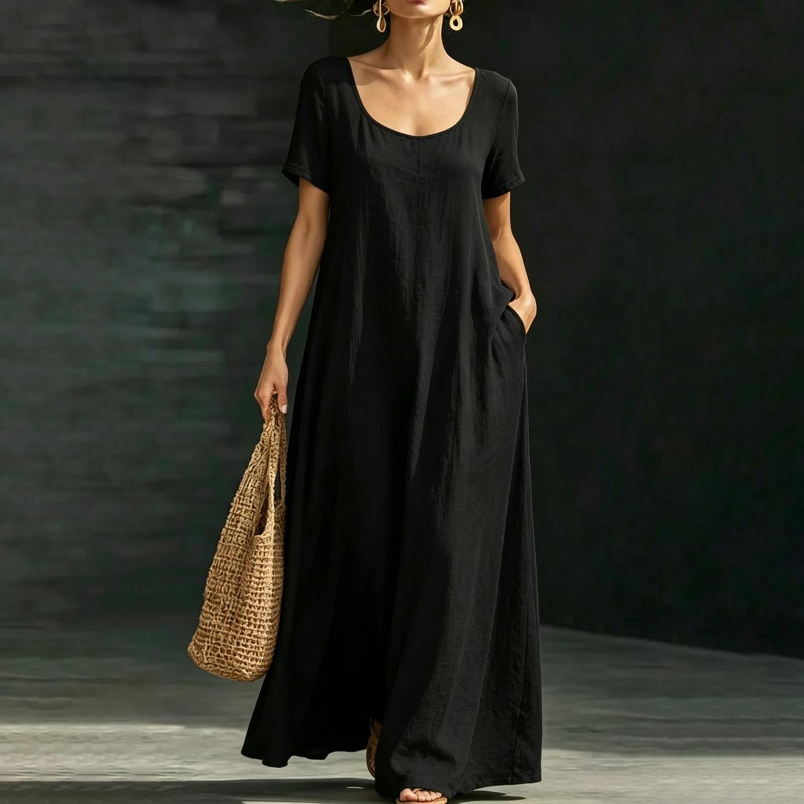 Women s Summer Fashion V-neck Short Sleeve Beach Strap Loose Casual Long Vacation Dress L