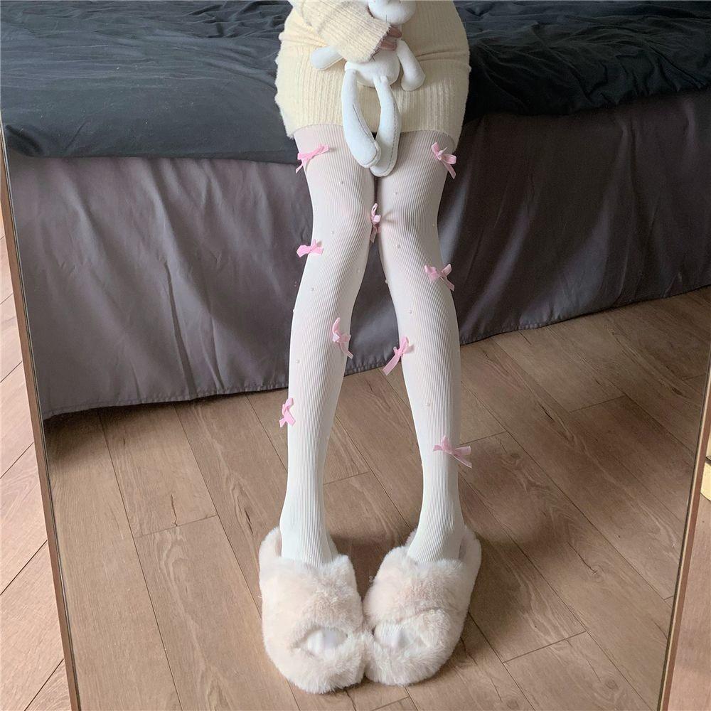 Sweet Velvet Nylon Comfortable Women Bow Tights Ultra-thin Pantyhose Female Stockings Pearl