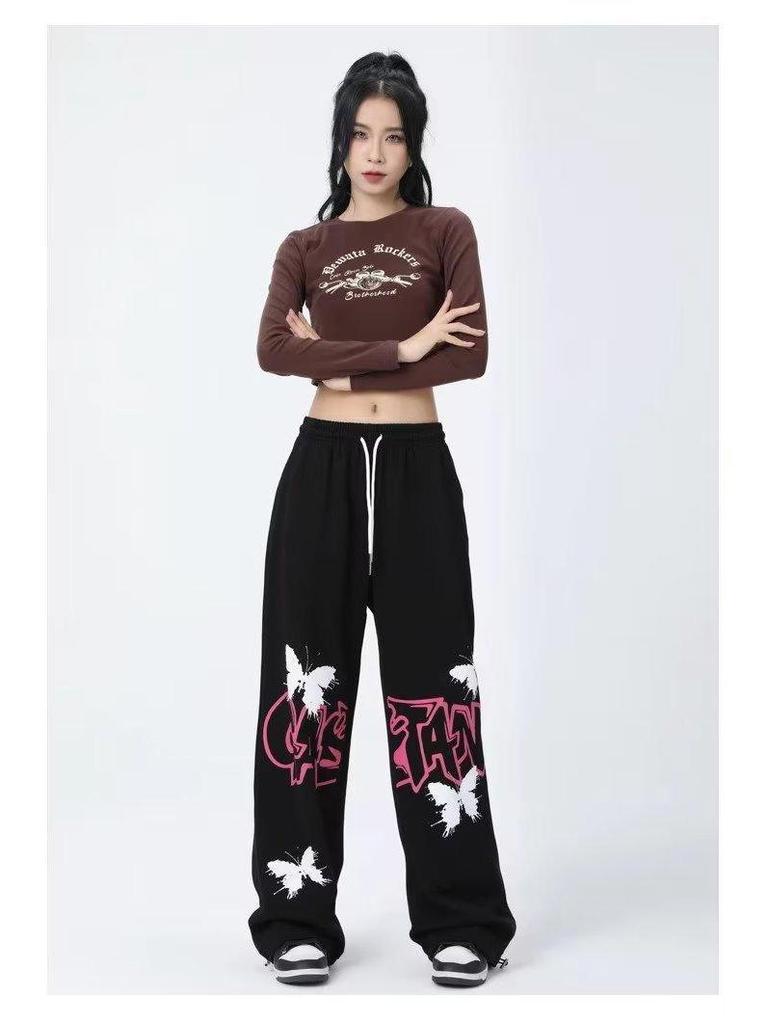 American Graffiti Butterfly Sweatpants: Korean Jazz Street Dance - Women's High-Design Spring/Summer Casual Wear