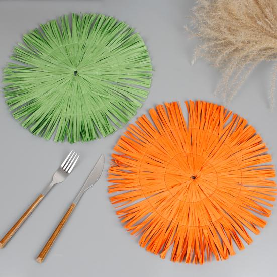 Round Paper Placemats with Tassel Fringe Handmade Woven Heat-Resistant Table Mats Non-Slip Coasters for Cups Plates Kitchen Dining Decor