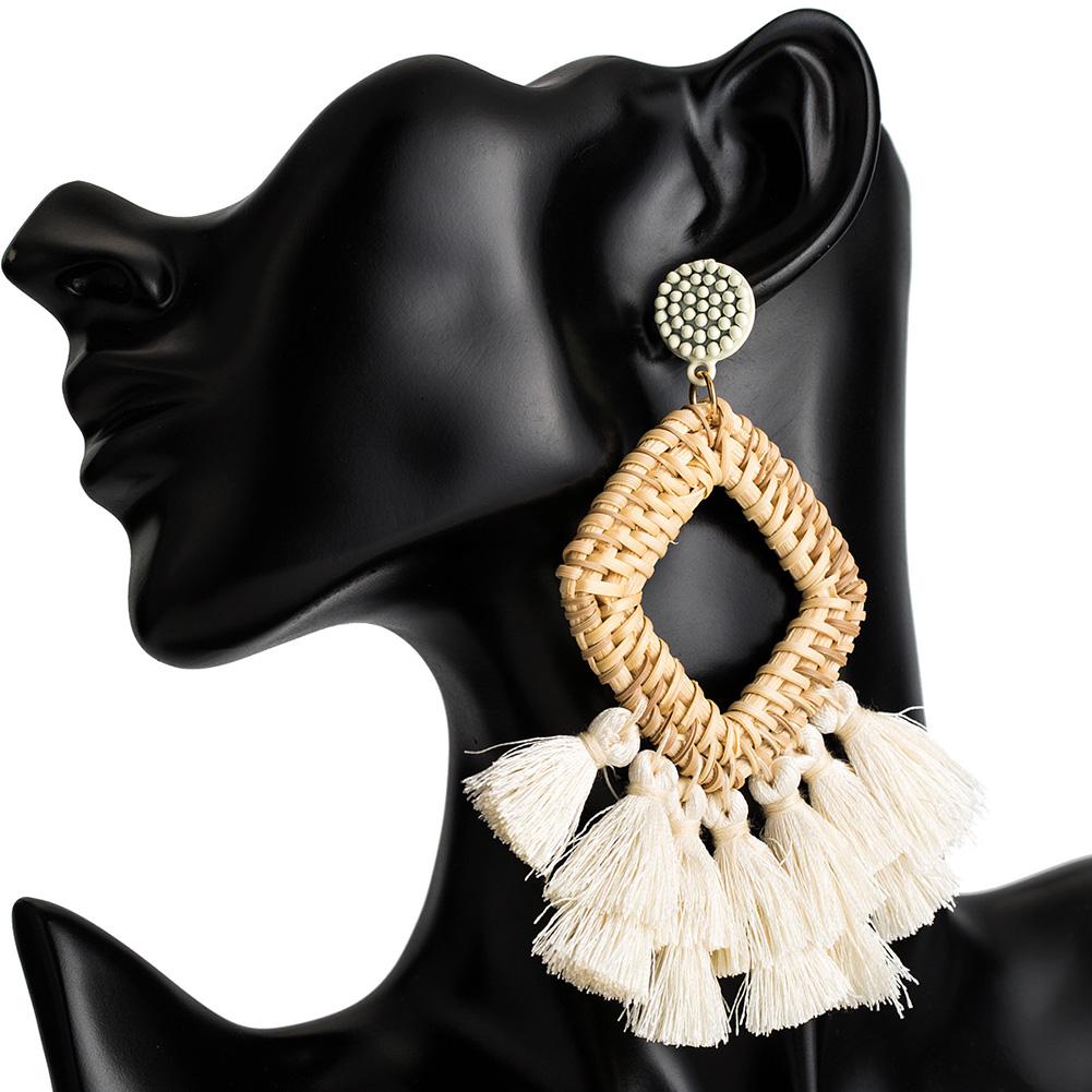 

Women Fashion Bohemian Style Geometric Rattan Braid Multitassel Earrings white #1