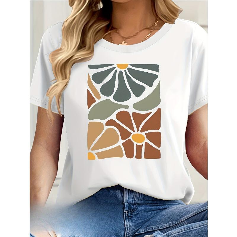 European sizes Women's Short Sleeve T-Shirt with Elegant Stained Glass Floral Art Print - Casual Relaxed Fit, Machine Washable