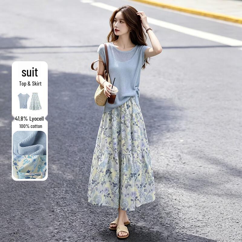 Lyocell Linen Blend Sleeveless Knit Top and Floral Skirt Set L
