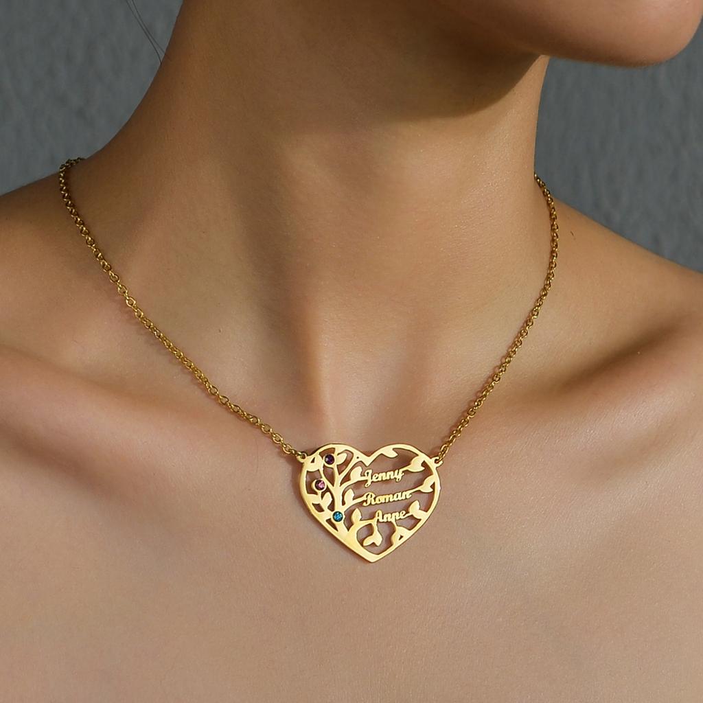 Atoztide Personalized Custom Name Necklace Family Birthstone Stainless Steel for Women Heart Lifetree Pendant Jewelry Gift