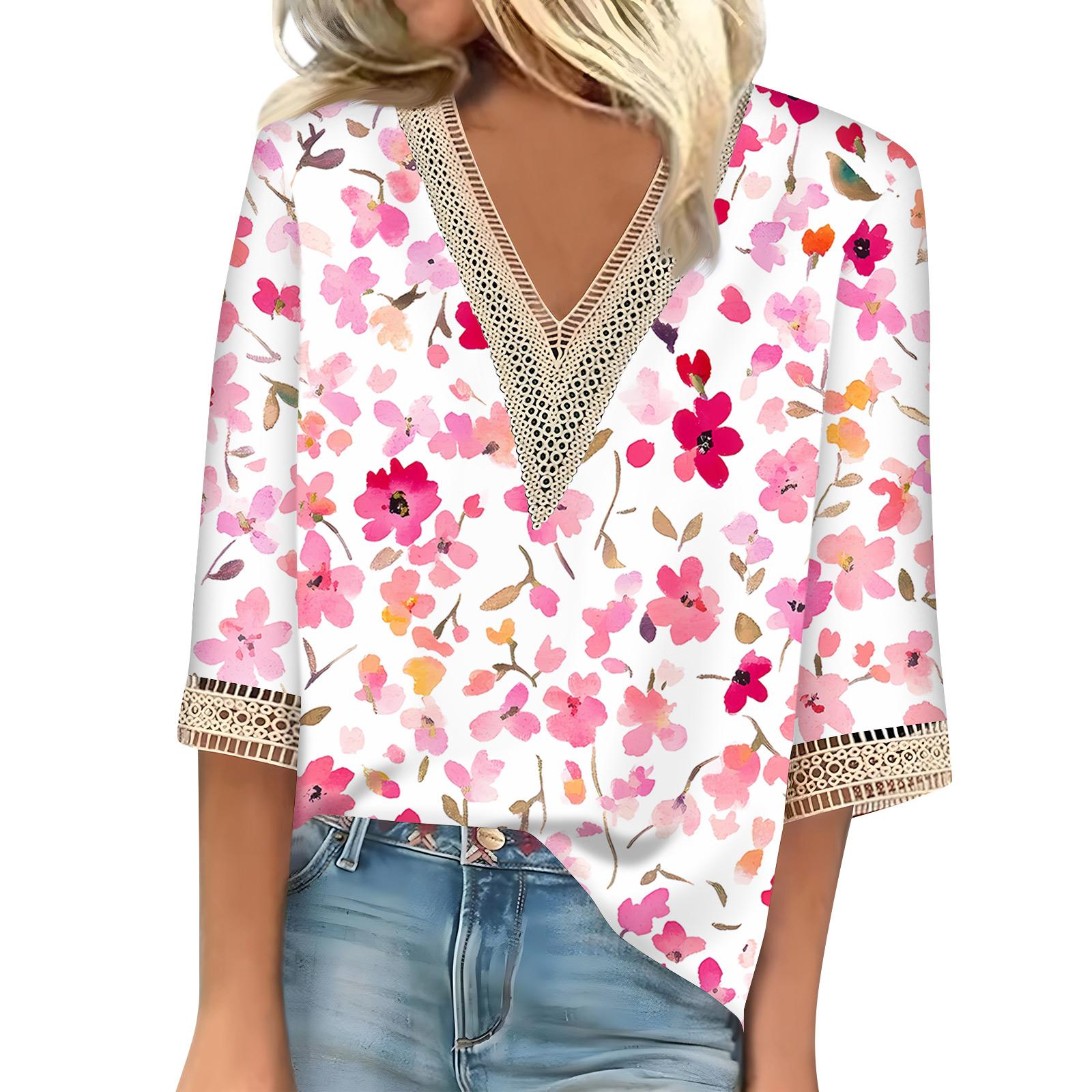 

Женская рубашка-блузка Повседневные свободные рубашки с рукавами 3/4 и кружевной отделкой Топы с v-образным вырезом и принтом Топы с принтом Футболки Футболки M розовый