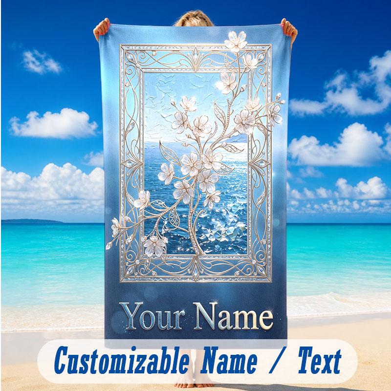 Floral Garden Theme Beach Towel Personalized Custom Name & Text Soft Quick Dry Beach Towel for Swimming Travel