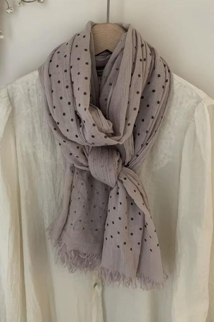 Gray-Beige Polka Dot Scarf - 50% Viscose, 50% Cotton