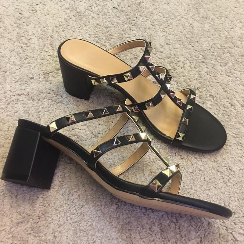 New Rivet Block Heel Slippers Wear Outside New Versatile Soft Leather One Word Belt Open Toe Kitten Heel Slippers for Women