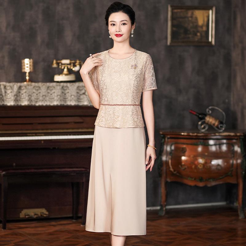 2024 Summer Elegant Apricot Lace Faux Two-Piece Long Dress for Weddings & Banquets XXXXXL