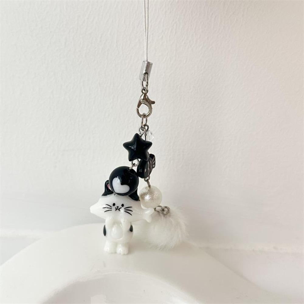 

Cat Figurine Hairball Bead Pendant Mobile Lanyard Fur Ball Key Ring Backpack Pendant Black Lanyard