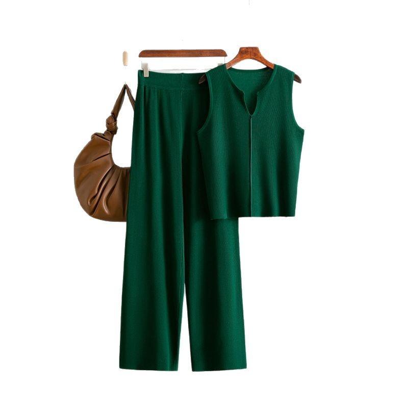 Summer New Simple Sleeveless Knitted Top Fashion Suit Casual Wide-leg Pants Two-piece Set Women