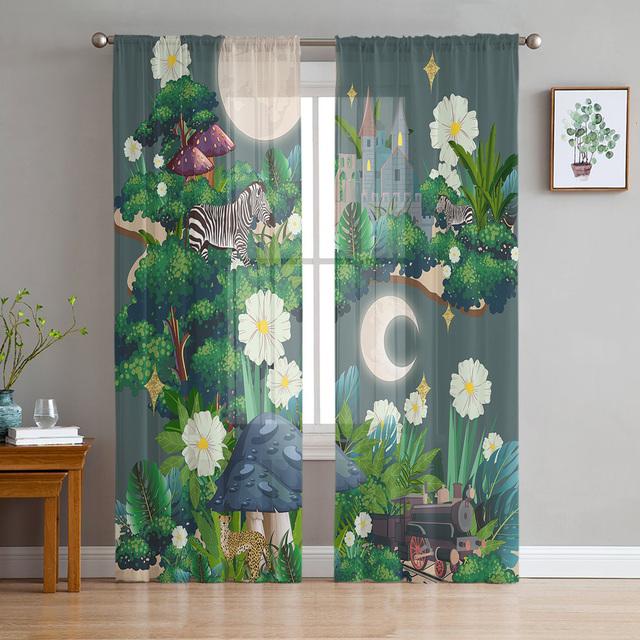 Tropical Jungle Zoo Cartoon Animal Sheer Curtain For Living Room Bedroom Kitchen Window Decor Giraffe Elephant Tulle Curtains