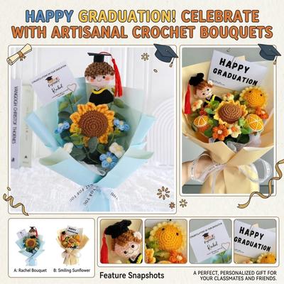 Knitted Yarn Flower Sunflower Puff Bouquet, Gift For Adult , Graduation , For Classmates And Friends