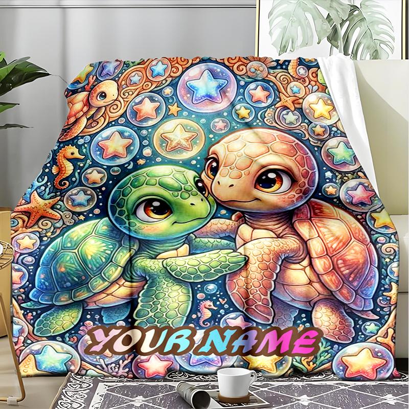 1PC Custom Name Turtle Friends Sea flannel blanket versatile,all-season throw suitable for the living room,bedroom,camping,travel,and gift