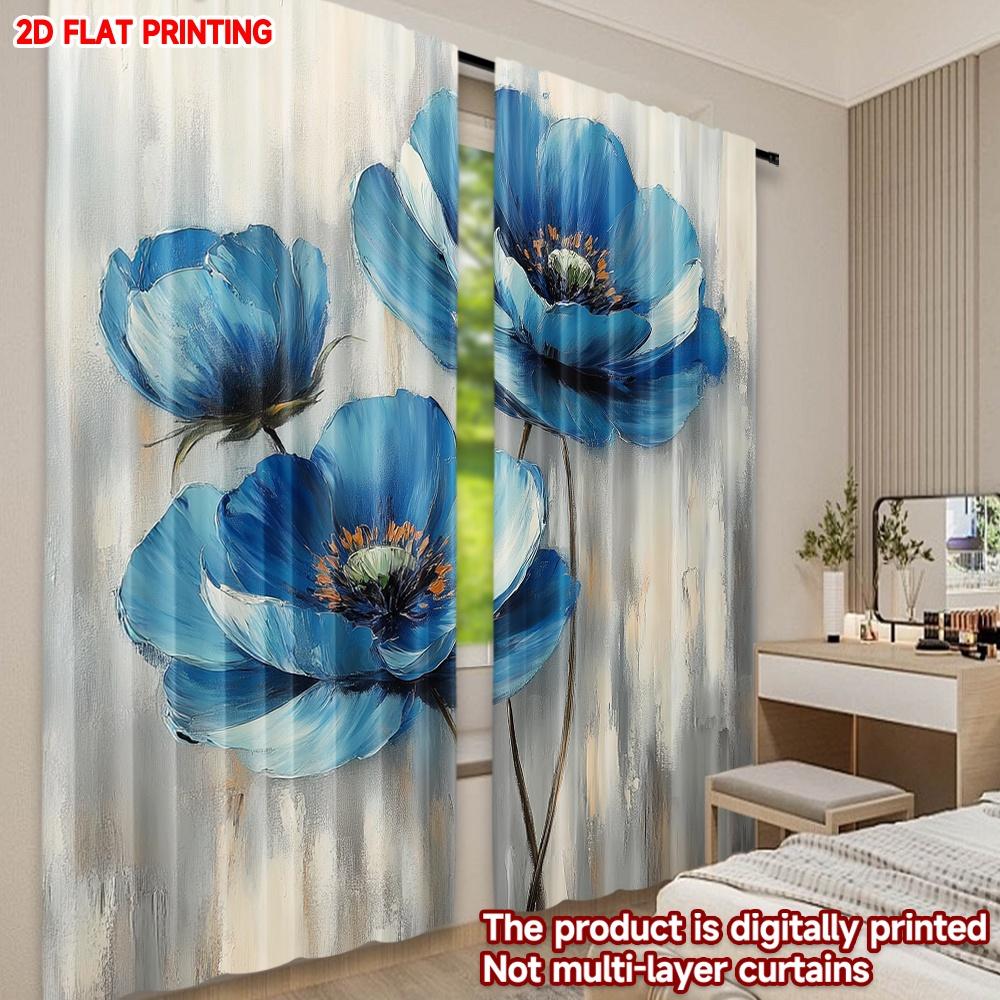 2D Flat Printing 2pcs Curtain Drapes Blue Blossoms Digital Printed Polyester Drapes Family Party Decoration Perfect for Holiday