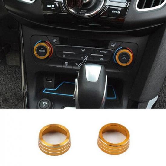 Middle Console AC Knob Cover Trim 2PCS For Ford Focus 2015-2018 Yellow Aluminum
