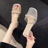 Transparent Slippers Women's Rhinestone Pearl Outer Wear One-word Mop 2025 Summer New Versatile Crystal Thick Heel High Heel Sandals