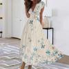 Summer Women Casual Long Dress V Neck Short Sleeve Waist Retraction Printed Flowy Dress