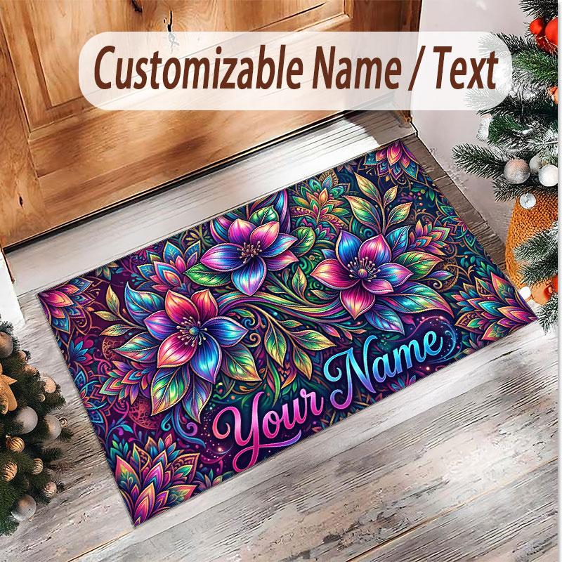 Rose Floral Theme Soft Crystal Velvet Rug Custom Name & Text Print Non Slip Floor Rug for Bedroom Living Room