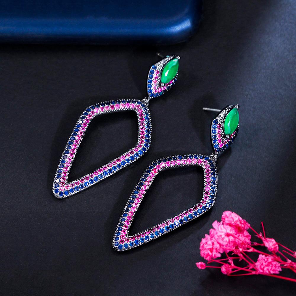 Light Luxury Heavy Industry Exaggerated Color Zircon Earrings, Needle Geometric Rhombus Earrings Earrings