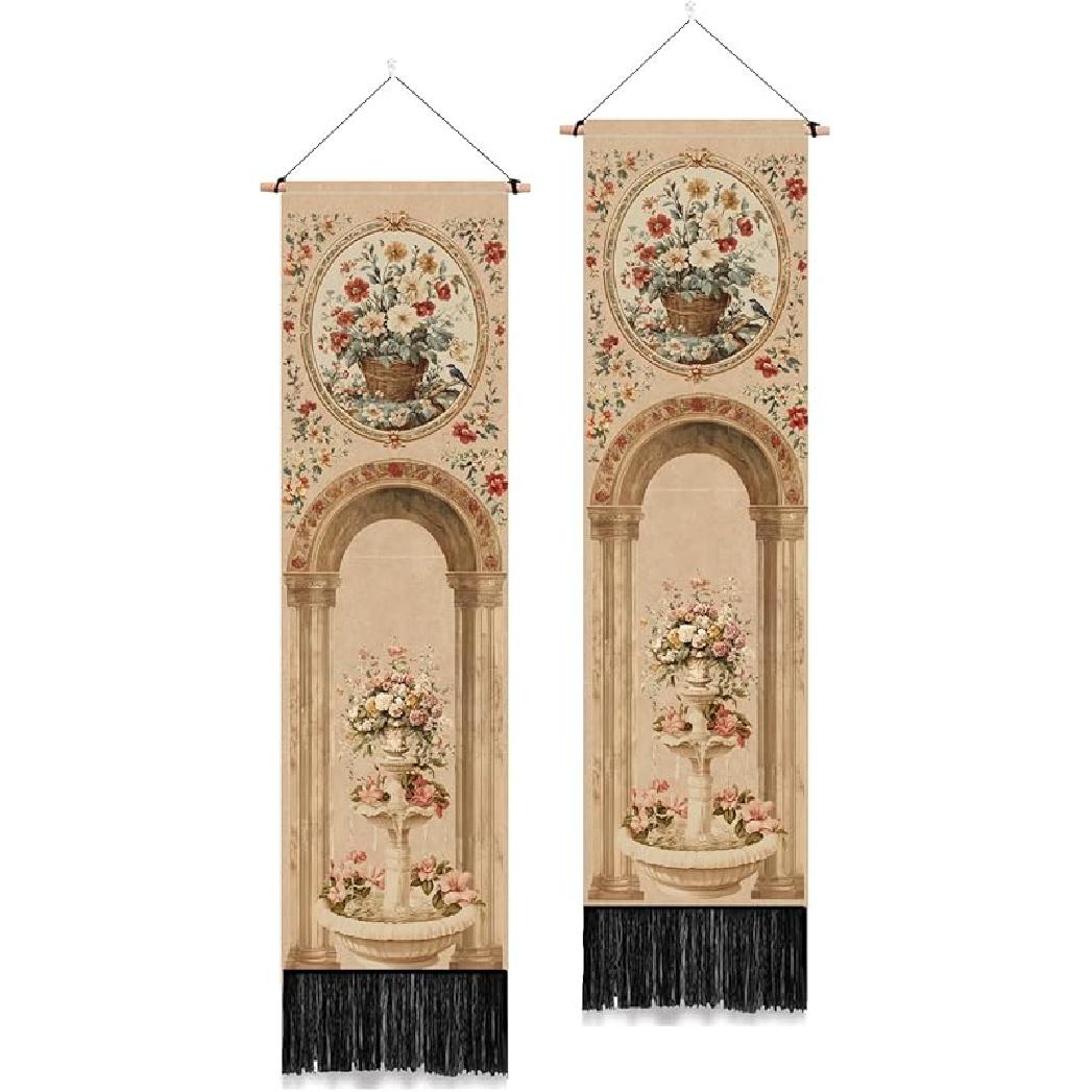 PLIGREAT 2 Pack Mucha Pond Style Tapestry Vertical Art Lotus Wall Hanging with Tassels Aesthetic Wall Tapestry for Bedroom Bathroom Living Room Long pink,brown