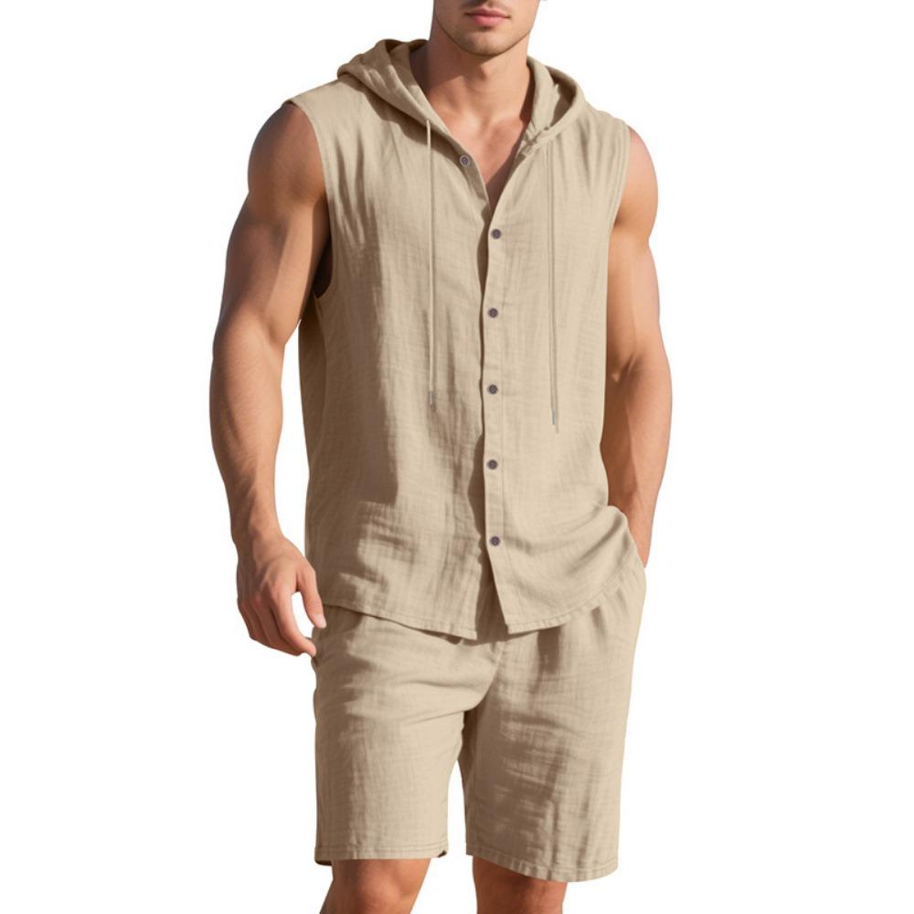 Mens Summer 2 Piece Outfit Shorts Set with Sleeveless Hooded Shirt Top Cotton Beach Casual Loose Fit Comfortable Athletic