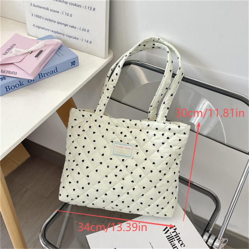 Cute Quilted Padded Heart Plaid Shoulder Bag Handbag Large Capacity Casual Commuting Tote Bag Storage Bag Girl Heart Clutch Gift