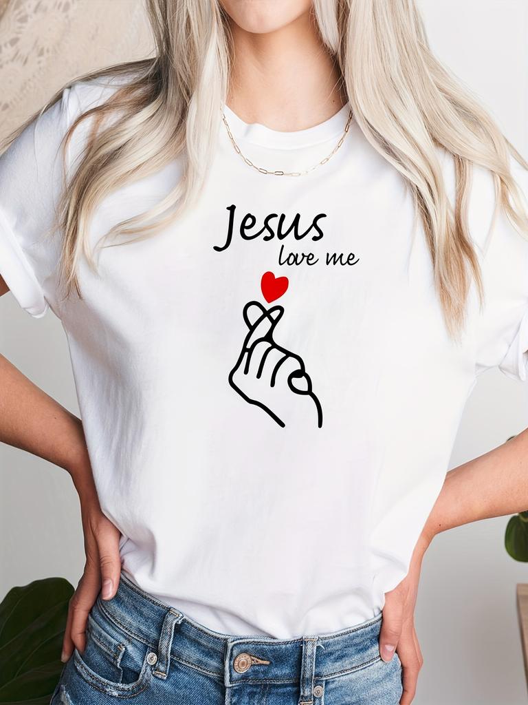 Women's Able Jesus Loves Me Heart-shaped Printed Casual and Comfortable Loose Round Neck Short