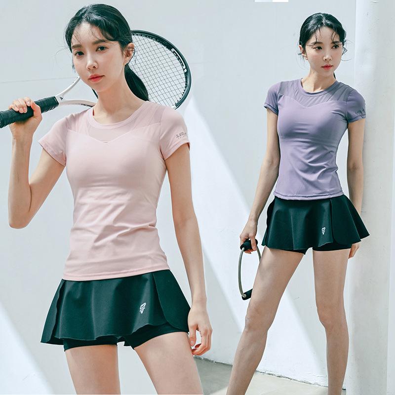 Women's Quick-Dry High-Waisted Faux Two-Piece Yoga Set with Chest Pads - Summer Short-Sleeved Top and Shorts