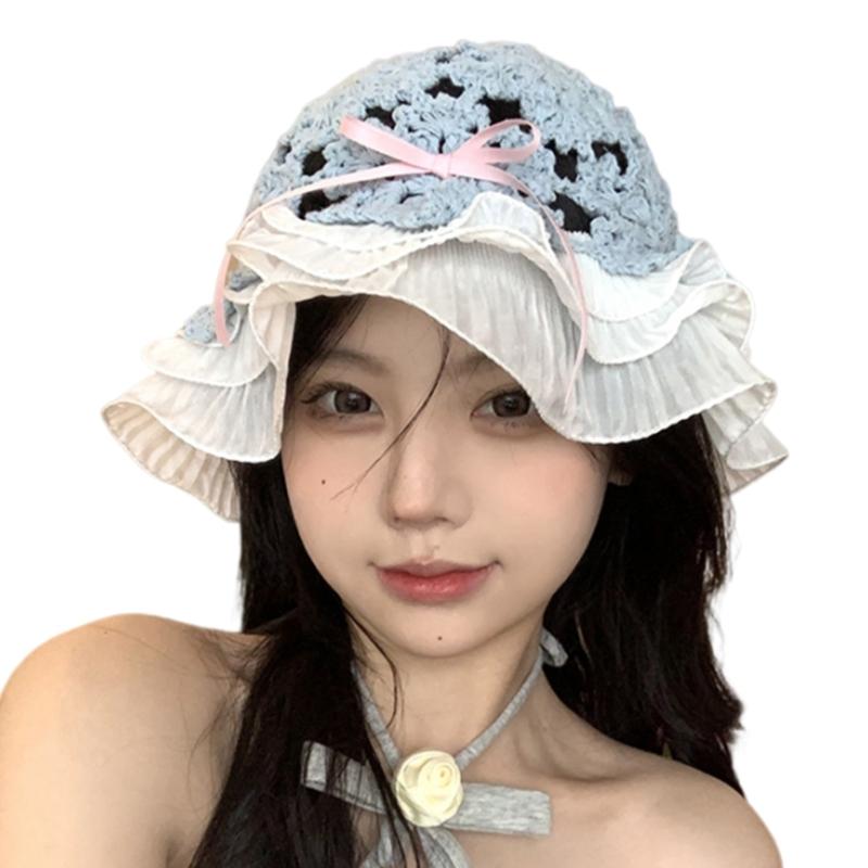 Summer Spring Crochet Bucket Hat Woman Commutes Camping Taking Photo Fisherman Hat with Pleated Trim for Girlfriend