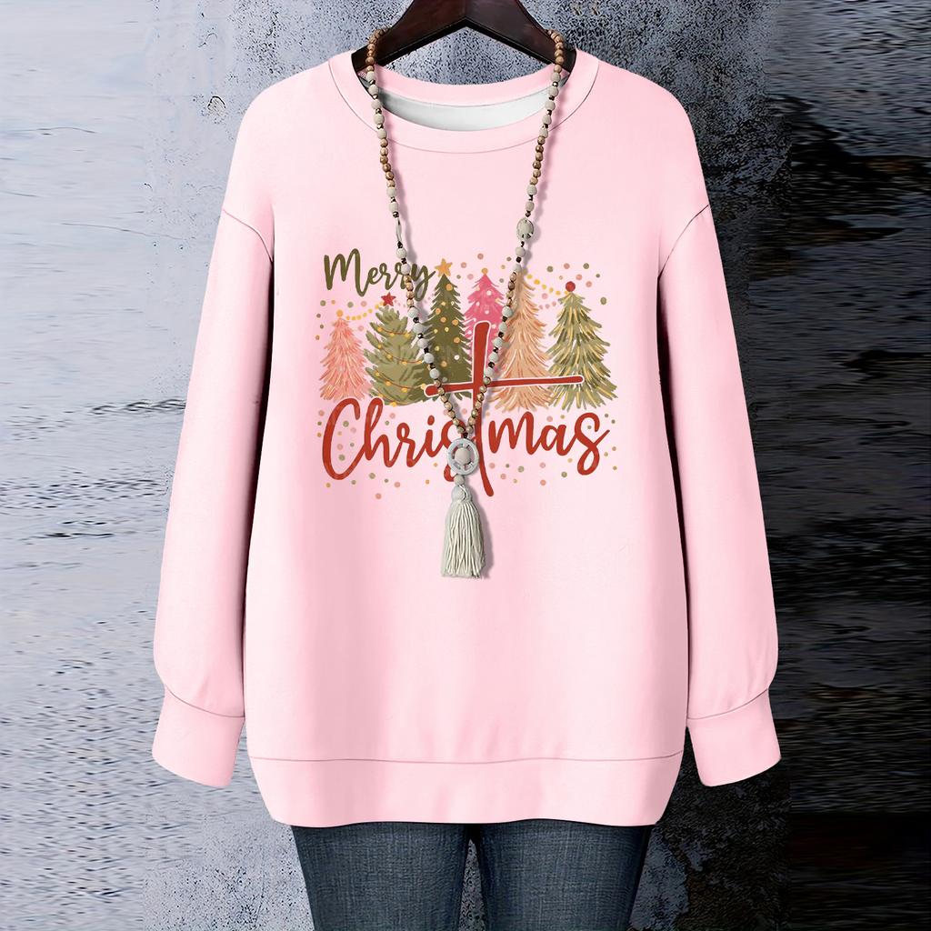 Ladies' Christmas Printed Round Neck Long Sleeved T-shirt Sweatshirt Top