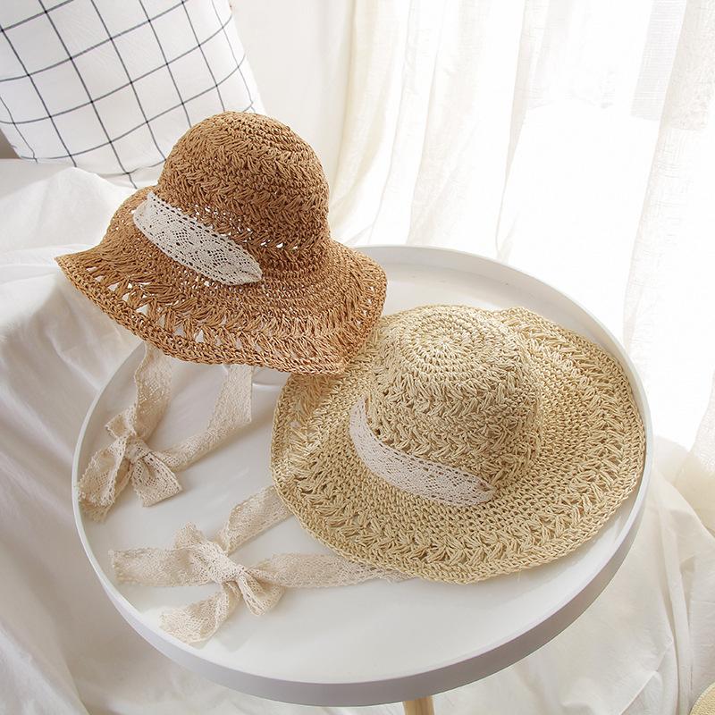 Style Hat Versatile Straw Woven Lace Strap Foldable Womens Sunshade Hatscaps