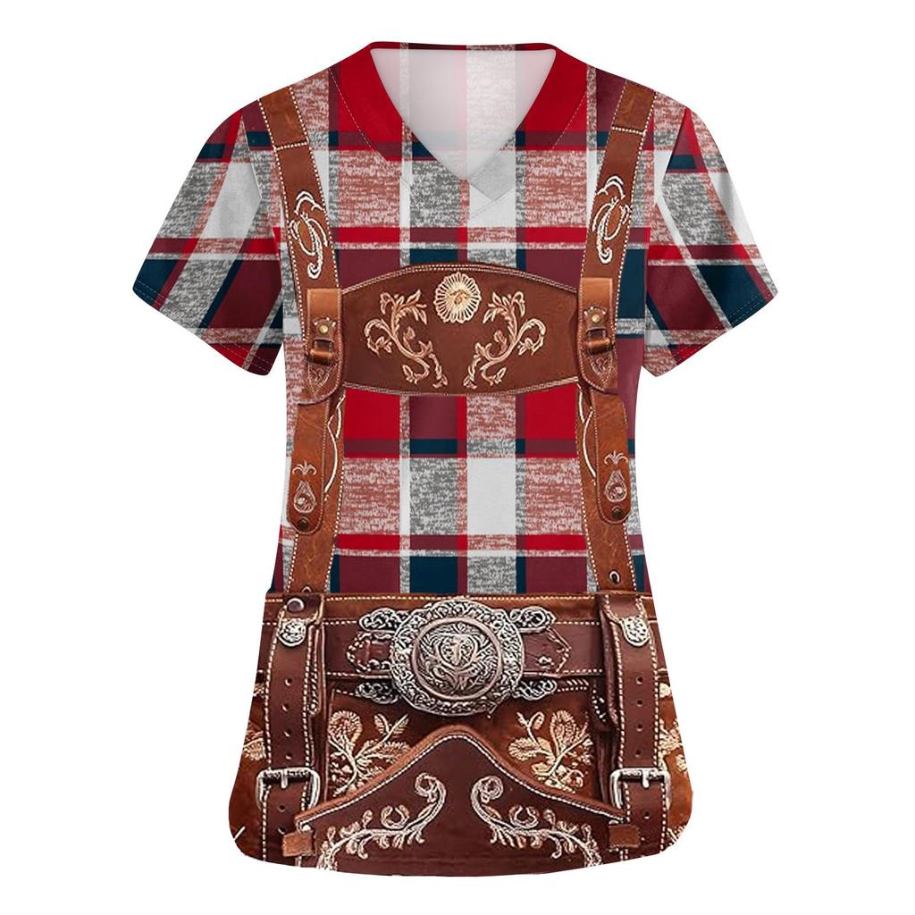 Women's V Neck Short Sleeve Work Shirt with Pockets Oktoberfest Print Top for Caregivers and Service Staff Comfortable Fit