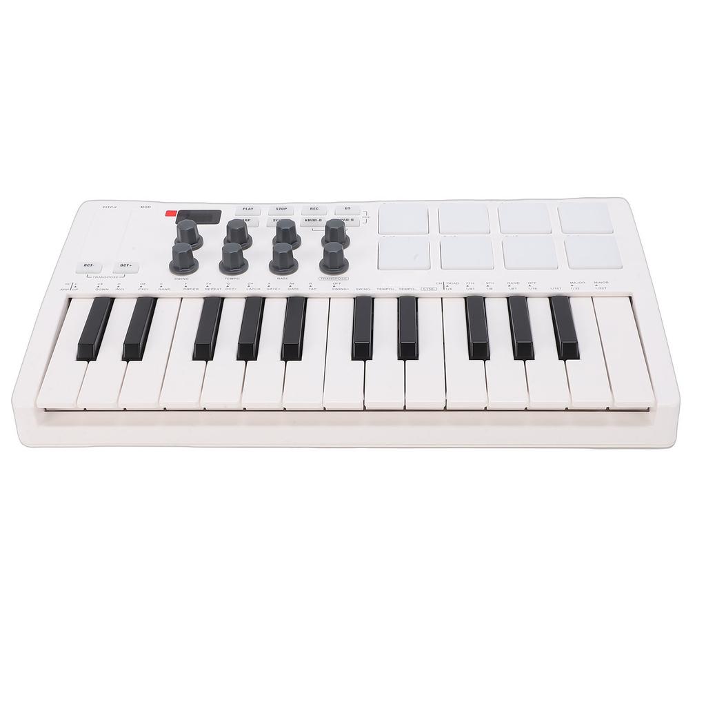 25 Key MIDI Keyboard Controller   with 8 Backlit   Pads 8 Knobs Portable for Computer Recording Music Production White
