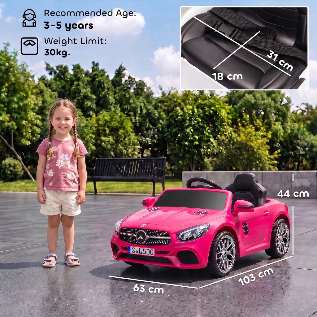 Elektrisches Kinderfahrzeug, 12V, Mercedes-Benz SL500, 3-5 km/h, 2 Motoren, Fernbedienung, Alter 3-5, Pink