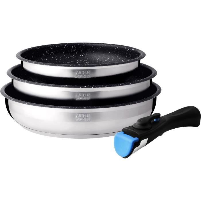 Set de 3 poêles - Arthur Martin - AM2196 - 20-24-26 cm - Acier inoxydable - Poignée amovible - Tous feux dont induction