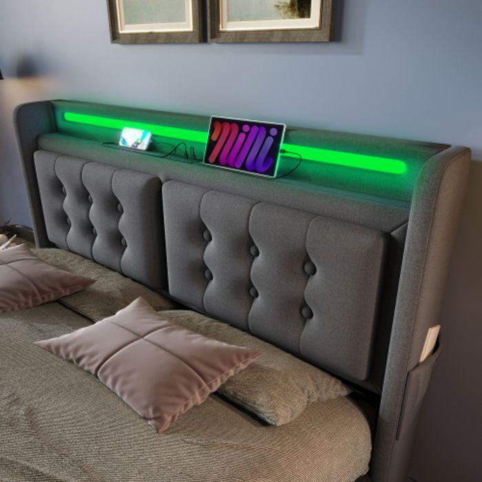 Lit Double 160x200 - MUVOE - Tête De Lit LED - Chargeur USB - Rangement Hydraulique - Gris