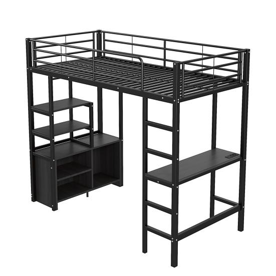 Metal Bed Loft Bed 90x200cm No Mattress with Desk Socket And USB Children Multiple Shelves Open Storage Cabinet Railing Ladder Iron
