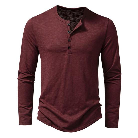 Men T-shirt Buttons Half Placket Long Sleeve Lightweight Tee Shirt Solid Color Loose Fit Pullover Tops Travel Office Daily Wear