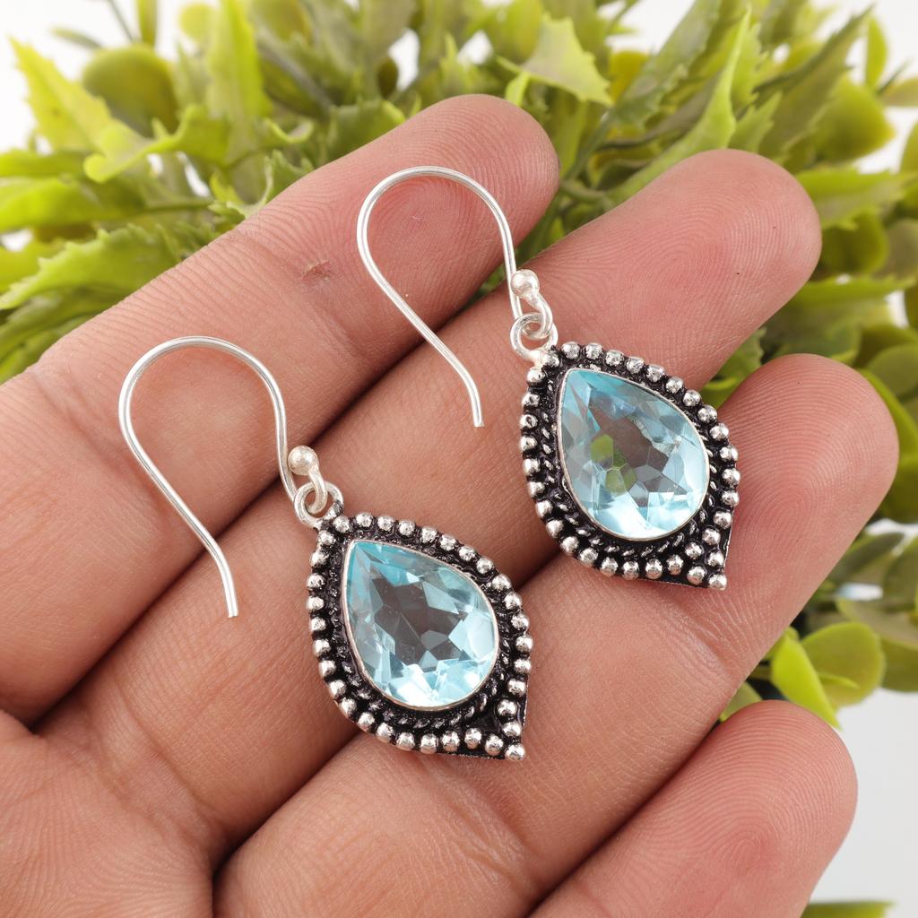 Náušnice s drahokamem modrý topaz, ručně vyráběné nádherné šperky, šperky z ryzího stříbra 925, bohémské náušnice jako svatební dar