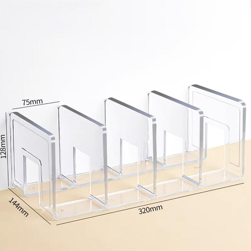 4 Grid Clear Acrylic Bookend Desktop Organizer for Books, Magazines, Space Saving Modern Design Home Office Study Library Shelf