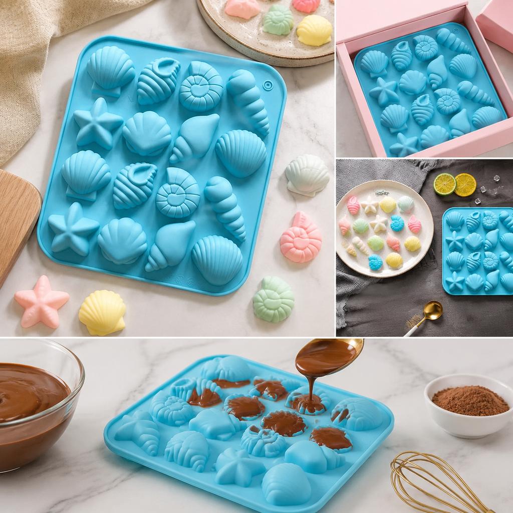 Sea Shell Silicone Mold Blue 16-Cavity Baking Form for Candy, Jelly, Chocolate, Soap and Kitchen DIY Crafts