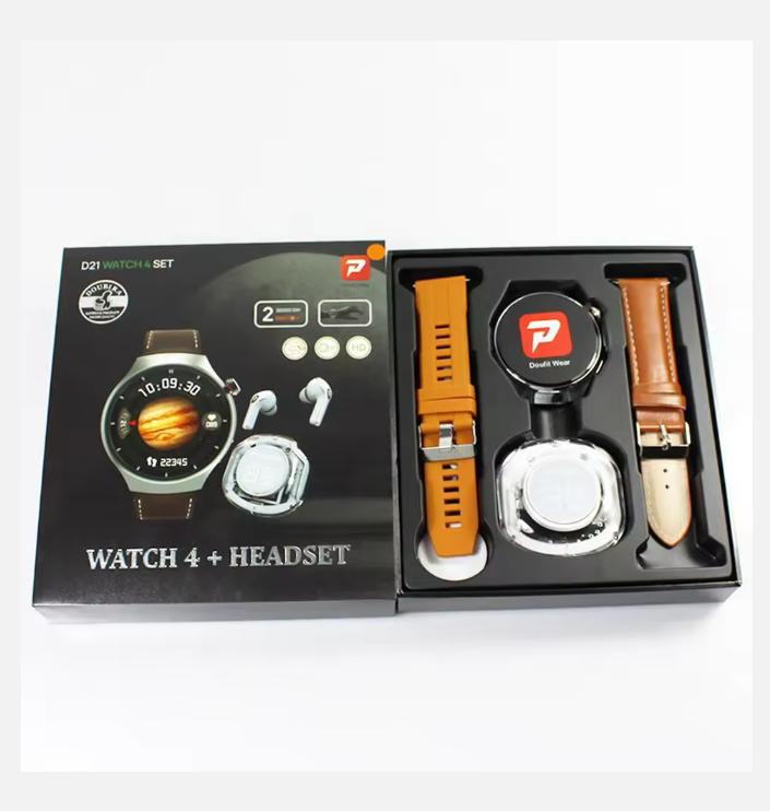 Set Cadou Ceas Inteligent D21 4 cu Căști Bluetooth Air39 Cadran Rotund Relojes Montre Connecte 2 în 1 Ceas Inteligent cu Căști TWS