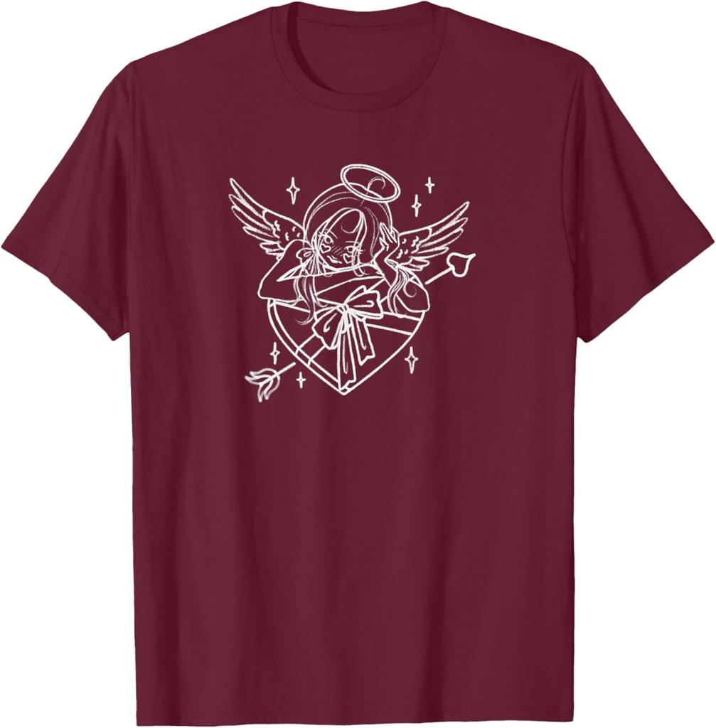 Cupid Winged Cherub Romantic Messenger with Heart Graphic T-Shirt Soft Cotton Short Sleeve Casual Tee