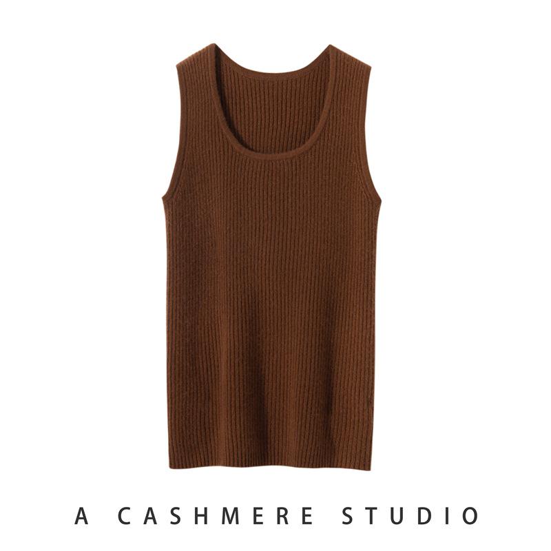 Women's 100% Pure Cashmere Ribbed Slim Fit Spaghetti Strap Vest - Autumn/Winter Knit Round Neck Inner Layer
