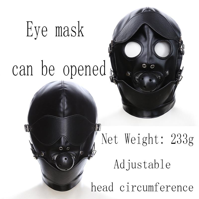 PU Leather Total Sensory Deprivation Full Head Bondage Hood Headgear Mouth Open Lockable Gimp Bondage  Sex Toy for Couple