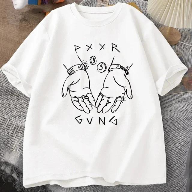 Pxxr Gvng Graphic Printed Summer T-shirts Round Neck Oversized Tshirt Men Cotton Short Sleeve Tops Casual Unisex Streetwear Tees